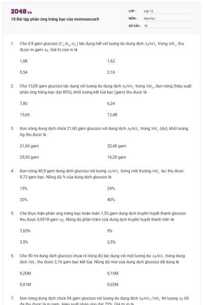18 Bài tập phản ứng tráng bạc của monosaccarit