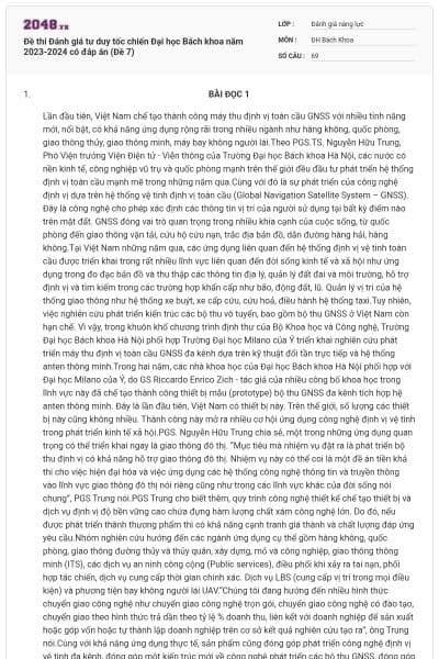 Đề thi Đánh giá tư duy tốc chiến Đại học Bách khoa năm 2023-2024 có đáp án (Đề 7)