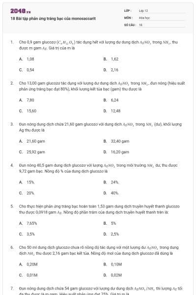 18 Bài tập phản ứng tráng bạc của monosaccarit