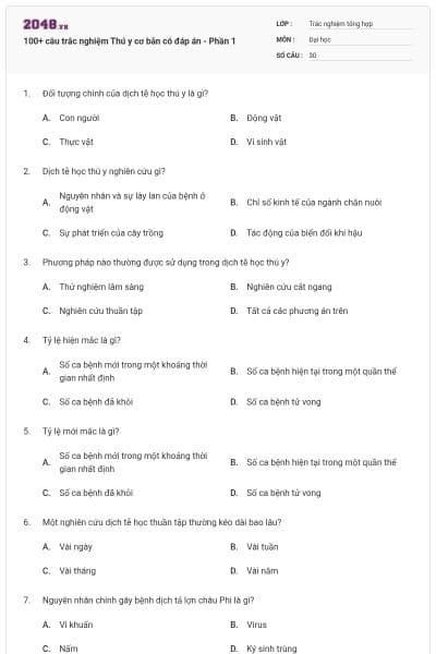 100+ câu trắc nghiệm Thú y cơ bản có đáp án - Phần 1