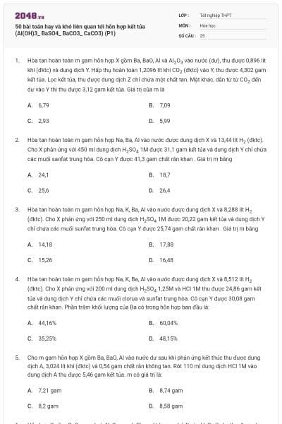 50 bài toán hay và khó liên quan tới hỗn hợp kết tủa (Al(OH)3_ BaSO4_ BaCO3_ CaCO3) (P1)