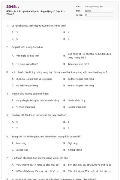 400+ câu trắc nghiệm Mô phôi răng miệng có đáp án - Phần 2