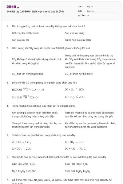 146 Bài tập CACBON - SILIC cực hay có đáp án (P4)
