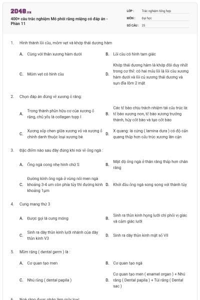 400+ câu trắc nghiệm Mô phôi răng miệng có đáp án - Phần 11