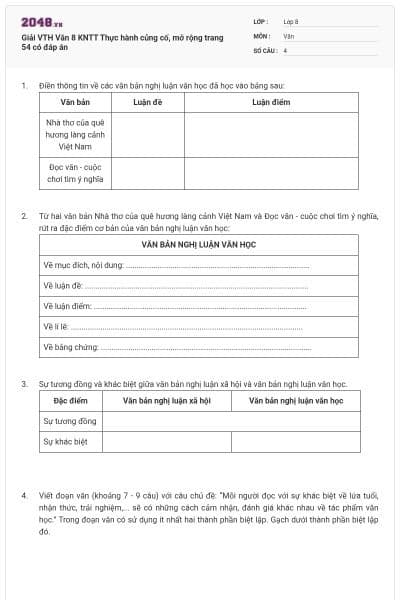 Giải VTH Văn 8 KNTT Thực hành củng cố, mở rộng trang 54 có đáp án