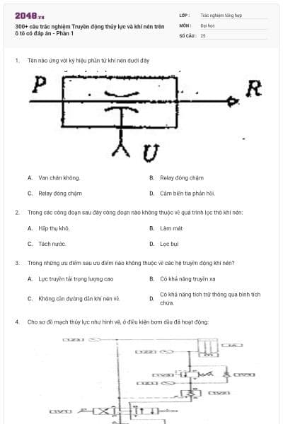 300+ câu trắc nghiệm Truyền động thủy lực và khí nén trên ô tô có đáp án - Phần 1