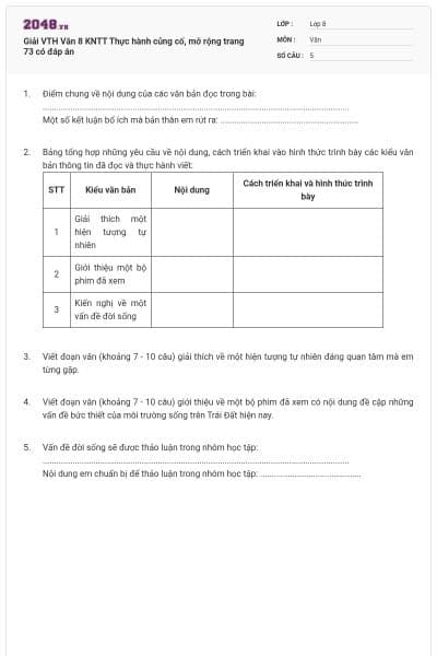 Giải VTH Văn 8 KNTT Thực hành củng cố, mở rộng trang 73 có đáp án