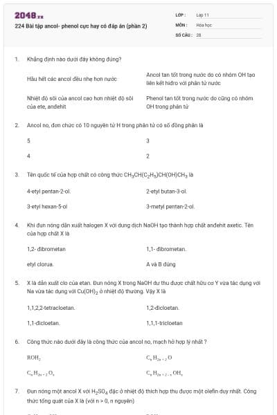 224 Bài tập ancol- phenol cực hay có đáp án (phần 2)