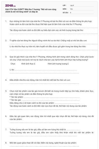 Giải VTH Văn 8 KNTT Nhà thơ Y hương: "Nói với con cũng chính là nói với lòng mình" có đáp án