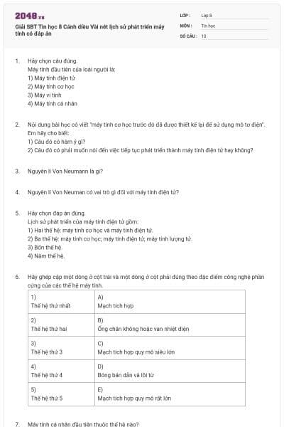 Giải SBT Tin học 8 Cánh diều Vài nét lịch sử phát triển máy tính có đáp án