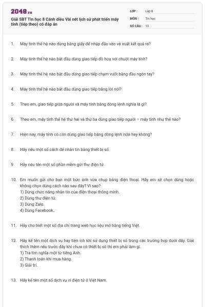 Giải SBT Tin học 8 Cánh diều Vài nét lịch sử phát triển máy tính (tiếp theo) có đáp án