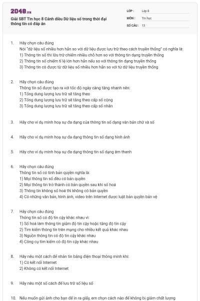 Giải SBT Tin học 8 Cánh diều Dữ liệu số trong thời đại thông tin có đáp án