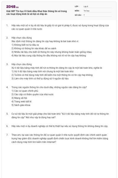 Giải SBT Tin học 8 Cánh diều Khai thác thông tin số  trong các hoạt động kinh tế xã hội có đáp án