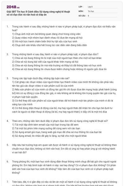 Giải SBT Tin học 8 Cánh diều Sử dụng công nghệ kĩ thuật số có đạo đức và văn hoá có đáp án