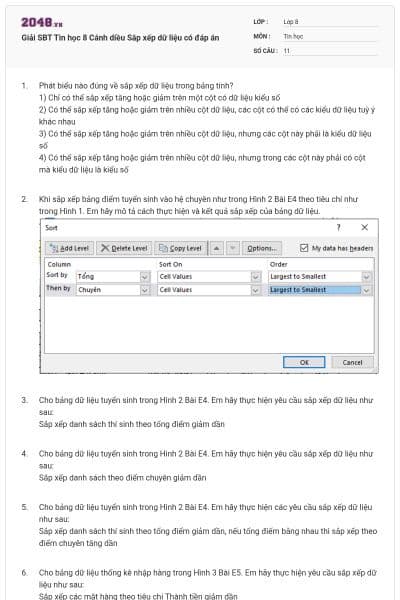 Giải SBT Tin học 8 Cánh diều Sắp xếp dữ liệu có đáp án