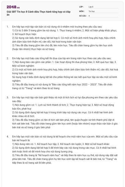 Giải SBT Tin học 8 Cánh diều Thực hành tổng hợp có đáp án