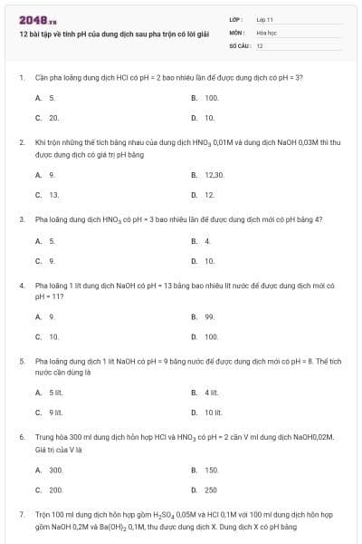 12 bài tập về tính pH của dung dịch sau pha trộn có lời giải