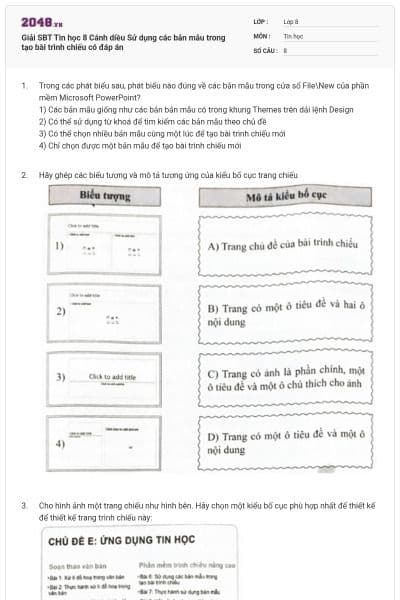 Giải SBT Tin học 8 Cánh diều Sử dụng các bản mẫu trong tạo bài trình chiếu có đáp án