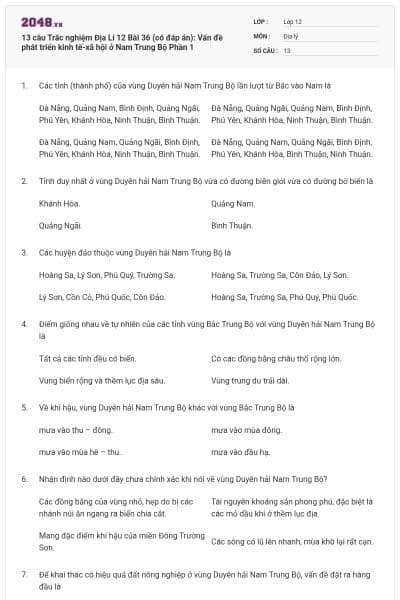 13 câu Trắc nghiệm Địa Lí 12 Bài 36 (có đáp án): Vấn đề phát triển kinh tế-xã hội ở Nam Trung Bộ Phần 1