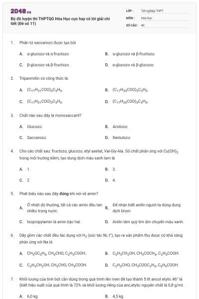 Bộ đề  luyện thi THPTQG Hóa Học cực hay có lời giải chi tiết (Đề số 11)