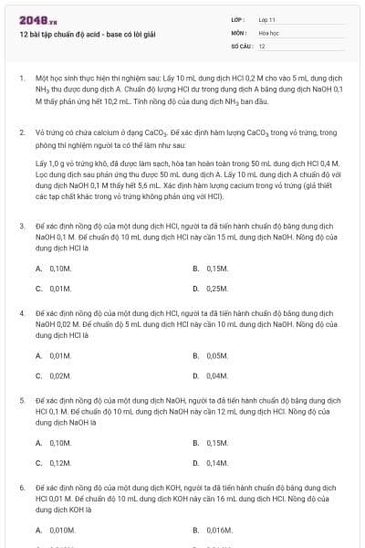 12 bài tập chuẩn độ acid - base có lời giải