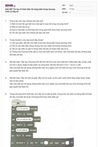 Giải SBT Tin học 8 Cánh diều Sử dụng biến trong chương trình có đáp án