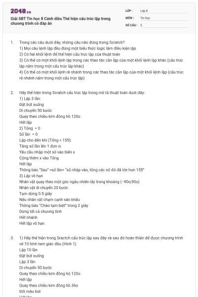 Giải SBT Tin học 8 Cánh diều Thể hiện cấu trúc lặp trong chương trình có đáp án