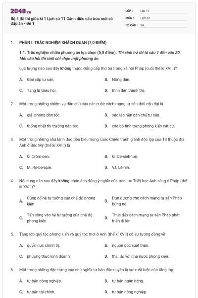 Bộ 4 đề thi giữa kì 1 Lịch sử 11 Cánh diều cấu trúc mới có đáp án - Đề 1
