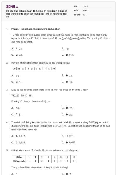 20 câu trắc nghiệm Toán 10 Kết nối tri thức Bài 14: Các số đặc trưng đo độ phân tán (Đúng sai - Trả lời ngắn) có đáp án