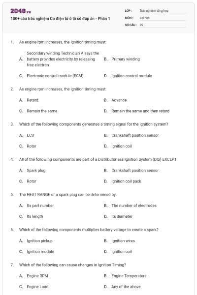 100+ câu trắc nghiệm Cơ điện tử ô tô có đáp án - Phần 1