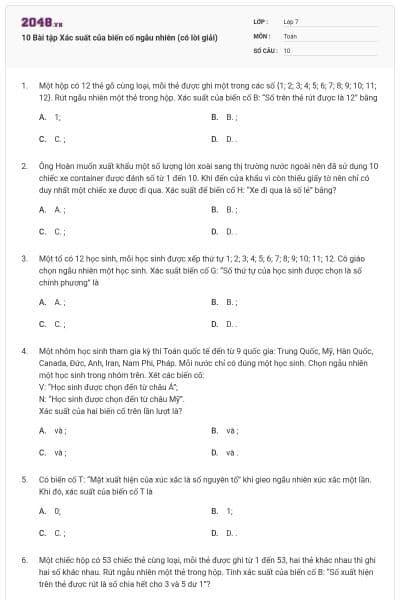 10 Bài tập Xác suất của biến cố ngẫu nhiên (có lời giải)