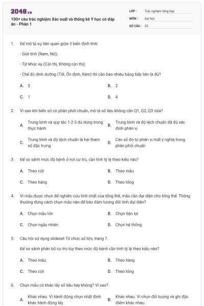 100+ câu trắc nghiệm Xác suất và thống kê Y học có đáp án - Phần 1