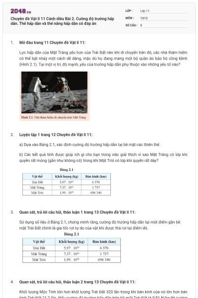 Chuyên đề Vật lí 11 Cánh diều Bài 2. Cường độ trường hấp dẫn. Thế hấp dẫn và thế năng hấp dẫn có đáp án