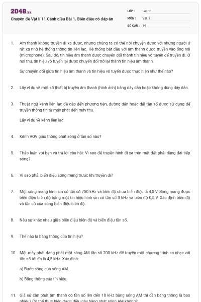 Chuyên đề Vật lí 11 Cánh diều Bài 1. Biến điệu có đáp án