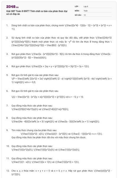 Giải SBT Toán 8 KNTT Tính chất cơ bản của phân thức đại số có đáp án
