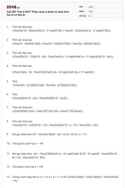 Giải SBT Toán 8 KNTT Phép cộng và phép trừ phân thức đại số có đáp án