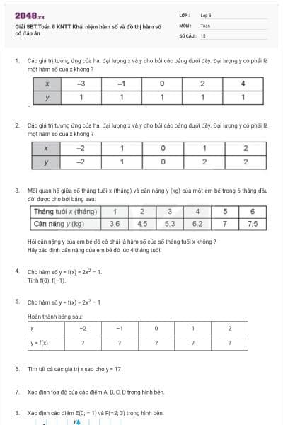 Giải SBT Toán 8 KNTT Khái niệm hàm số và đồ thị hàm số có đáp án