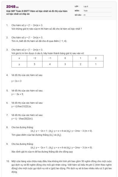 Giải SBT Toán 8 KNTT Hàm số bậc nhất và đồ thị của hàm số bậc nhất có đáp án