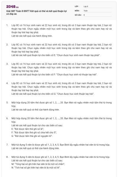 Giải SBT Toán 8 KNTT Kết quả có thể và kết quả thuận lợi có đáp án