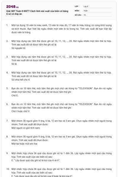 Giải SBT Toán 8 KNTT Cách tính xác suất của biến cố bằng tỉ số có đáp án