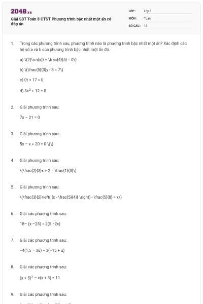 Giải SBT Toán 8 CTST Phương trình bậc nhất một ẩn có đáp án