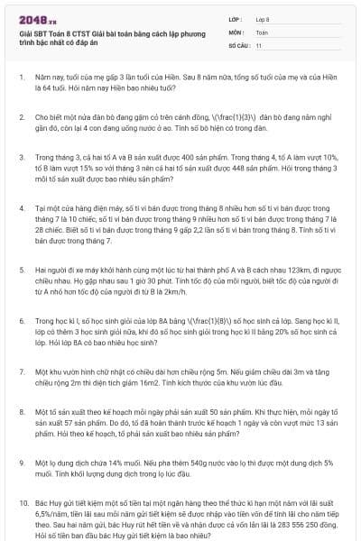 Giải SBT Toán 8 CTST Giải bài toán bằng cách lập phương trình bậc nhất có đáp án