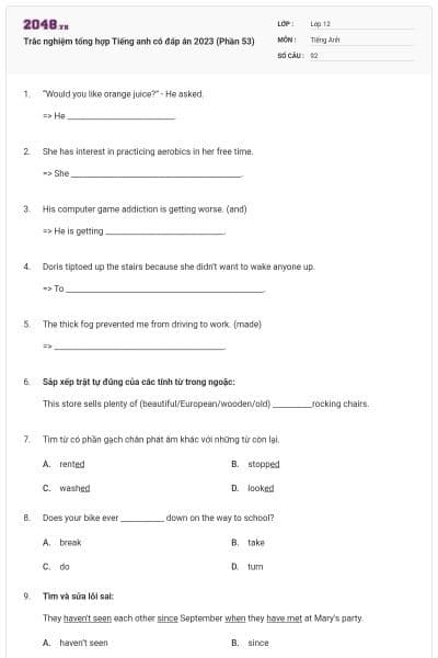 Trắc nghiệm tổng hợp Tiếng anh có đáp án 2023 (Phần 53)