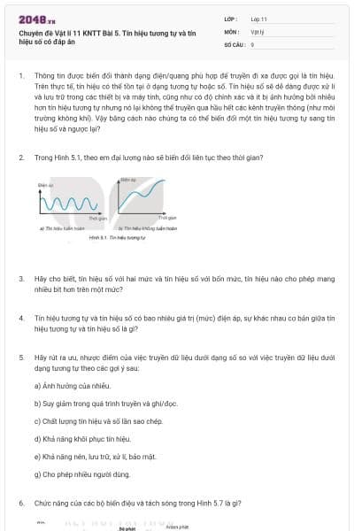Chuyên đề Vật lí 11 KNTT Bài 5. Tín hiệu tương tự và tín hiệu số có đáp án