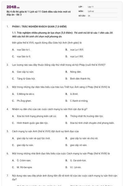 Bộ 4 đề thi giữa kì 1 Lịch sử 11 Cánh diều cấu trúc mới có đáp án - Đề 3