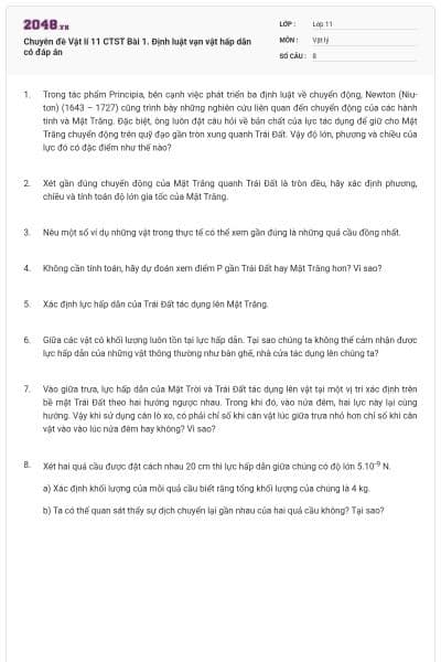Chuyên đề Vật lí 11 CTST Bài 1. Định luật vạn vật hấp dẫn có đáp án