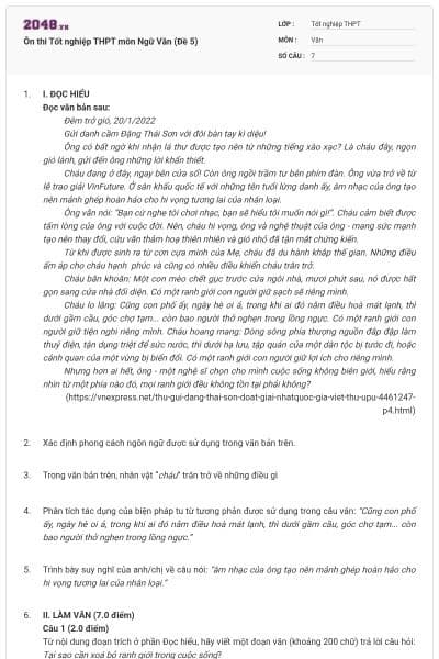 Ôn thi Tốt nghiệp THPT môn Ngữ Văn (Đề 5)