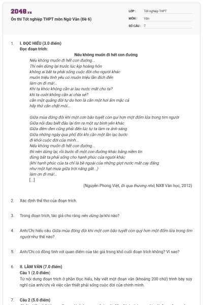 Ôn thi Tốt nghiệp THPT môn Ngữ Văn (Đề 6)