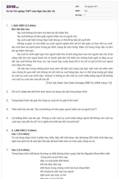 Ôn thi Tốt nghiệp THPT môn Ngữ Văn (Đề 10)
