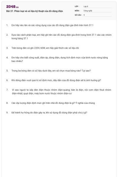 Bài 37. Phân loại và số liệu kỹ thuật của đồ dùng điện